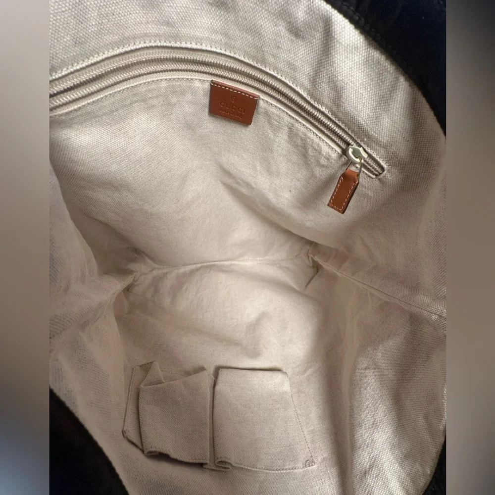 Authentic Gucci Black Nylon Tote Bag with brown leather shoulder straps. - Picture 7 of 12